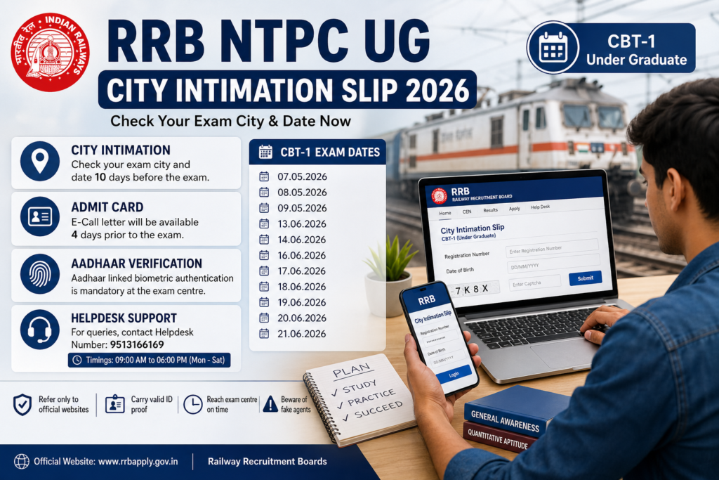 RRB NTPC UG City Intimation Slip 2026